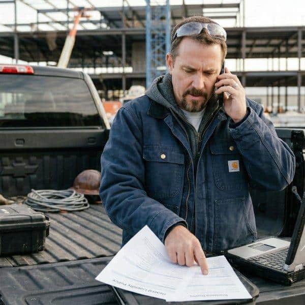 Contractor speaking with their insurance agent about a new general liability policy