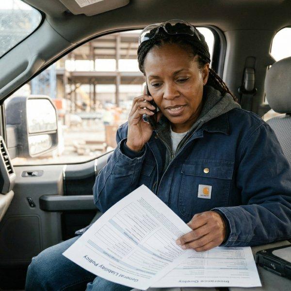 Female construction project manager reviewing a general liability insurance quote