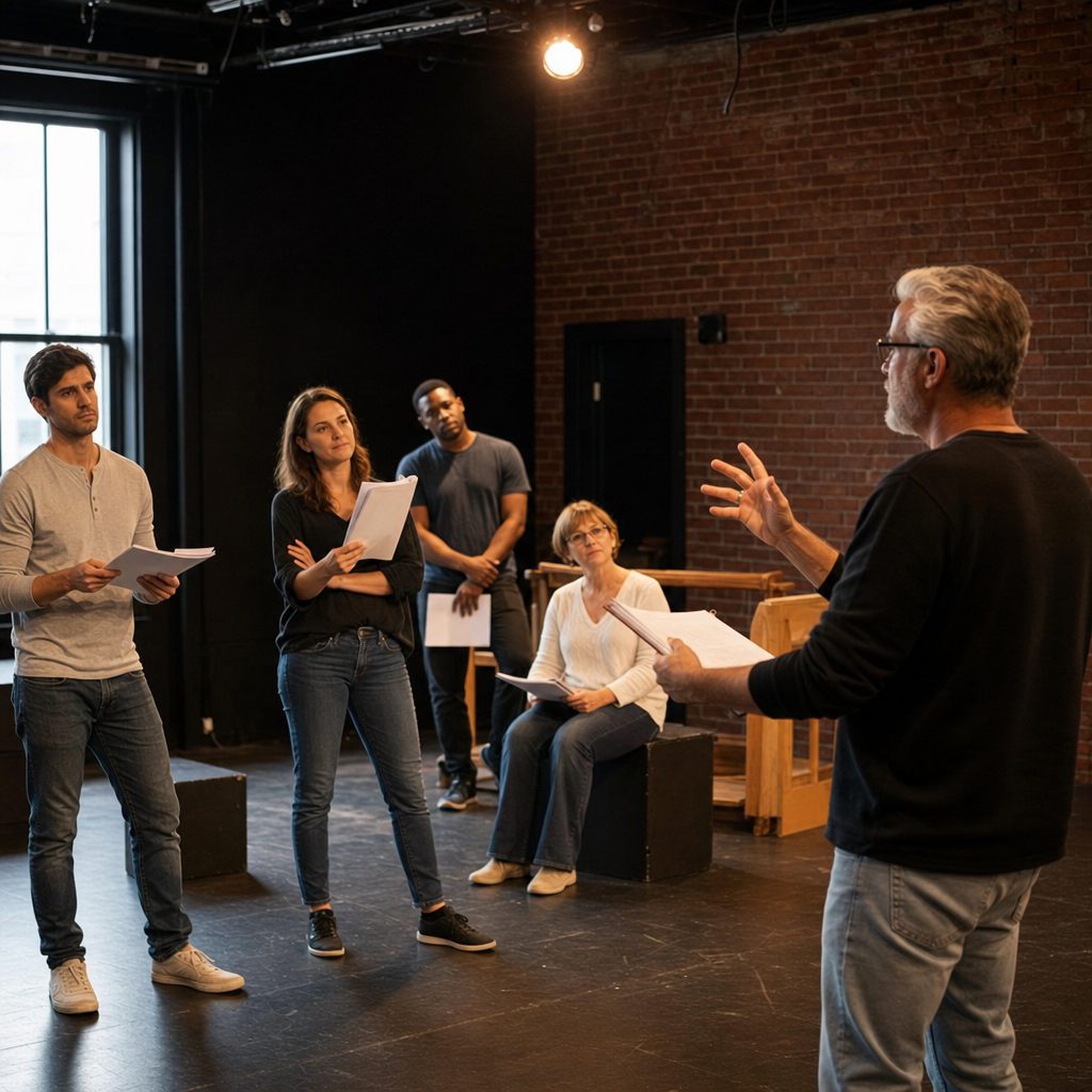 Drama instructor directing students on a small theater stage during an acting and drama school rehearsal
