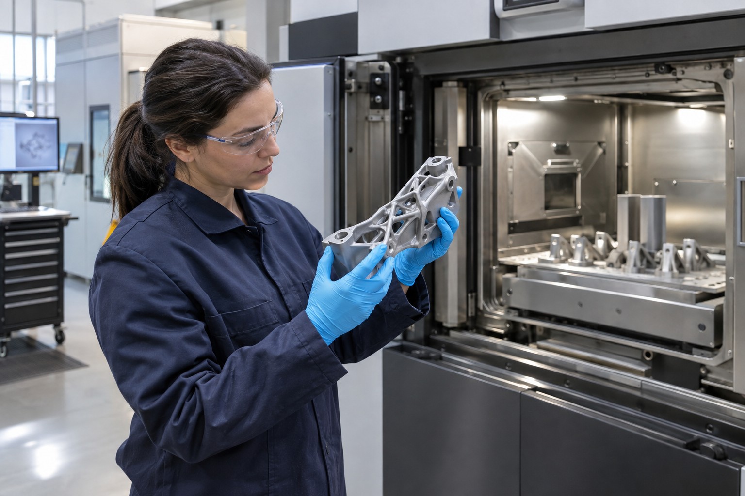 Engineer examining a metal 3D-printed lattice part next to an industrial powder bed fusion printer