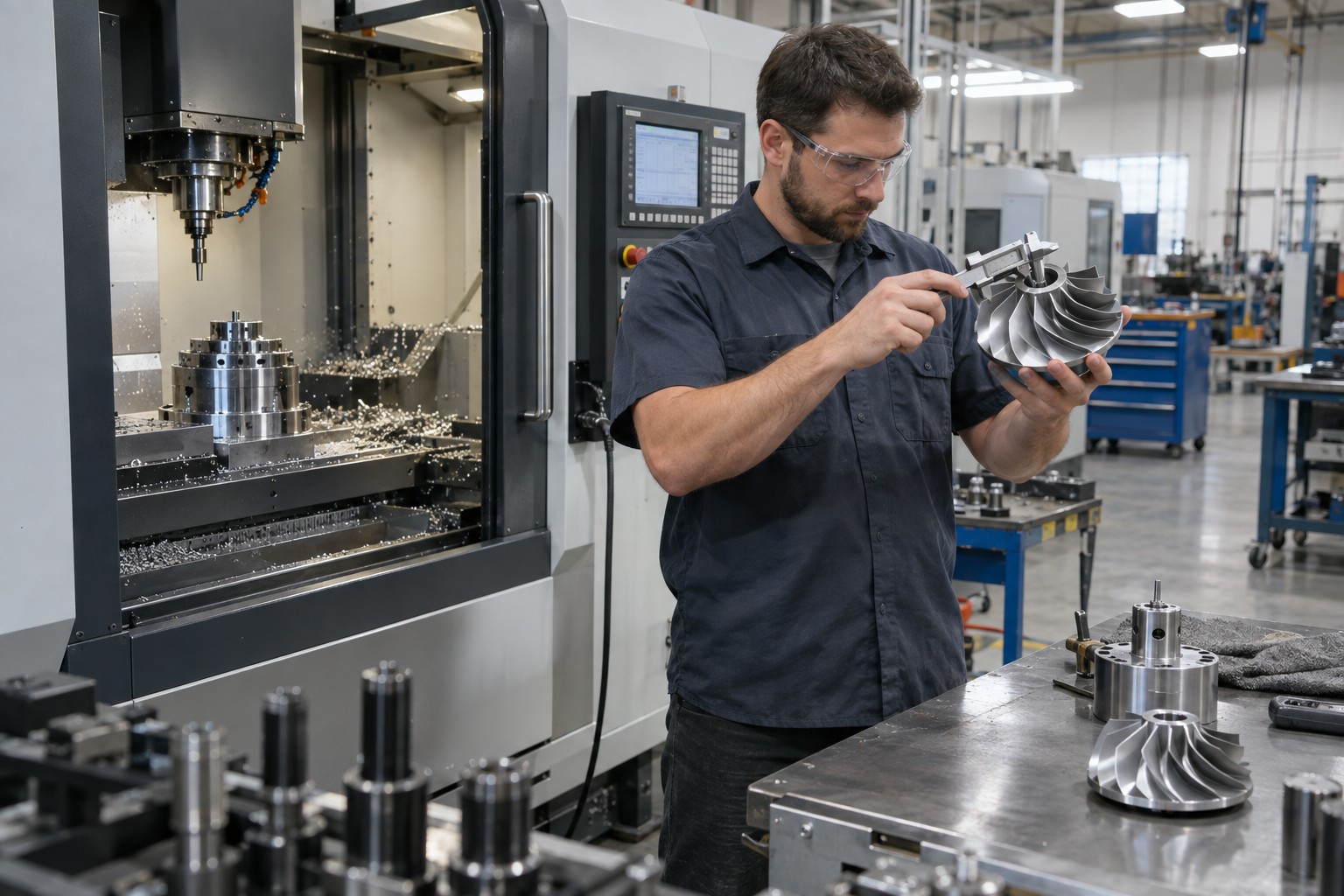 Precision machinist inspecting a metal turbine component next to a CNC machining center
