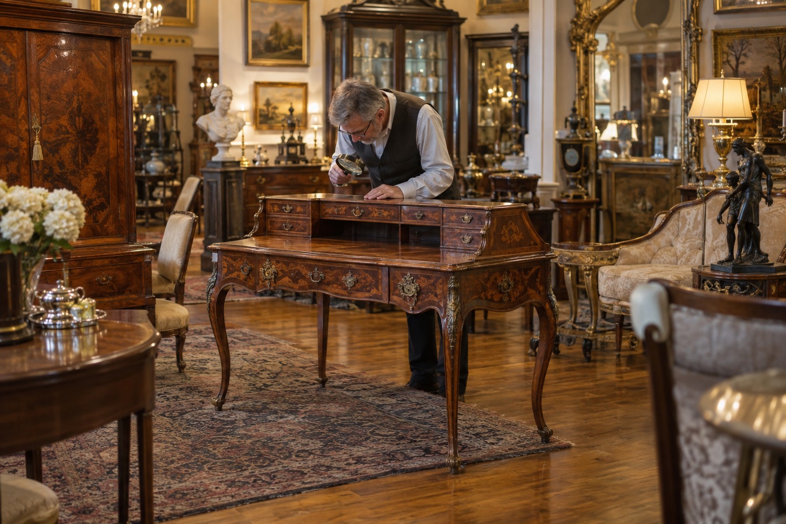 Antique dealer examining an ornate wooden writing desk with a magnifying glass