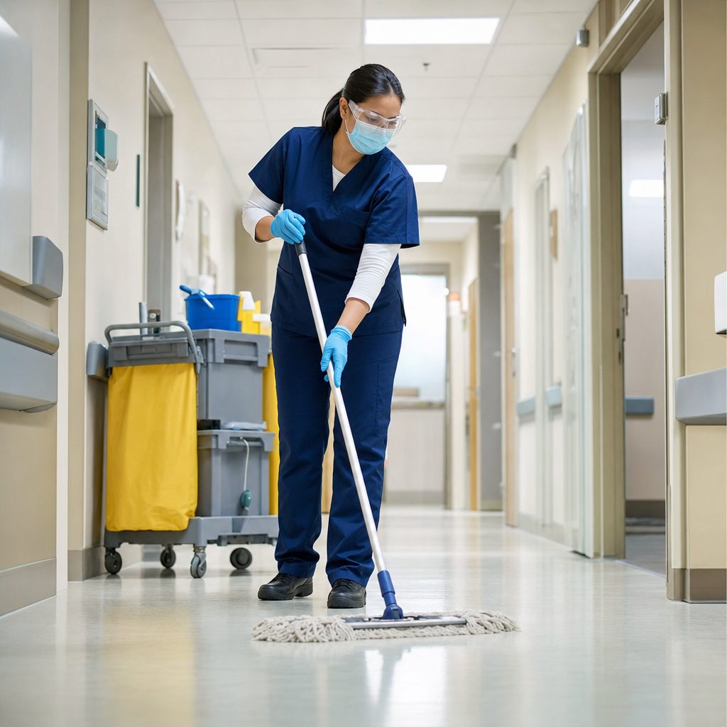 Commercial cleaning technician cleaning a hospital corridor with a mop and cart, wearing appropriate PPE in Arizona