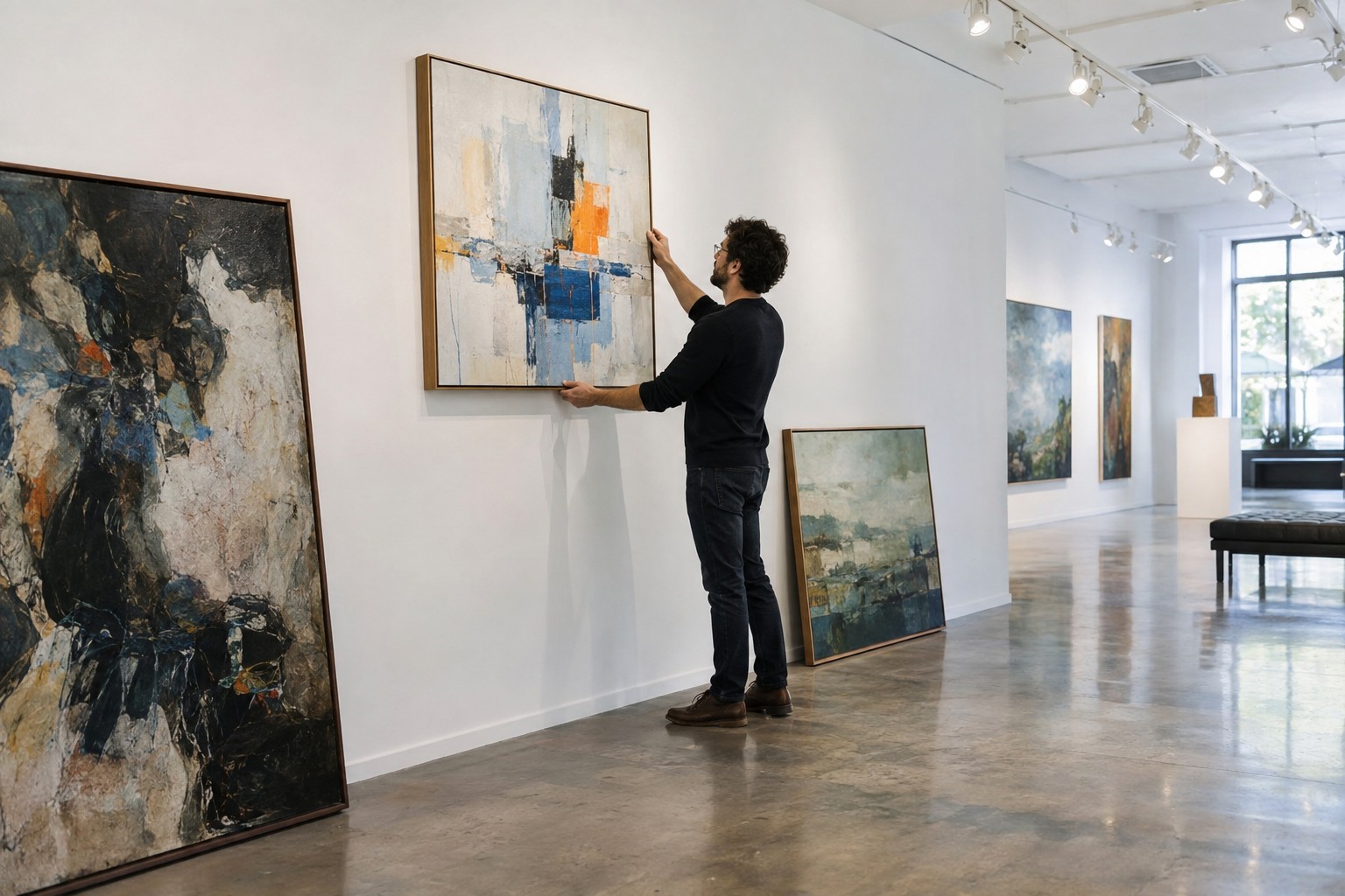 Art gallery owner hanging an abstract painting on a white gallery wall