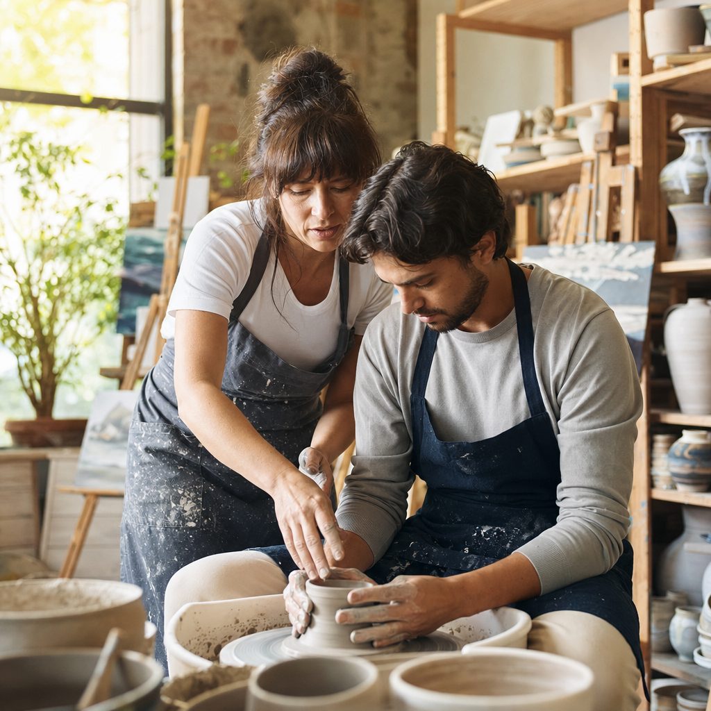 Art instructor guiding a student at a pottery wheel in a sunlit art school and studio