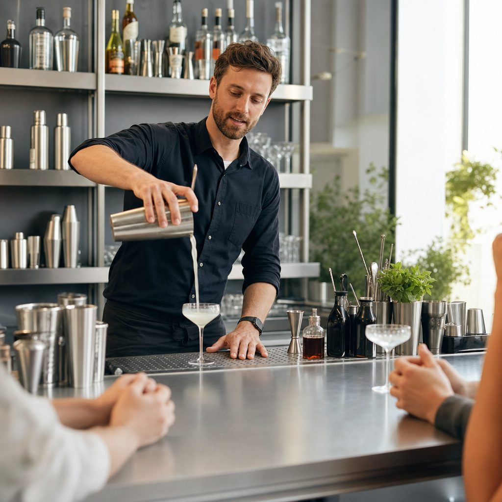 Adult instructor demonstrating a pour at a bartending school practice bar
