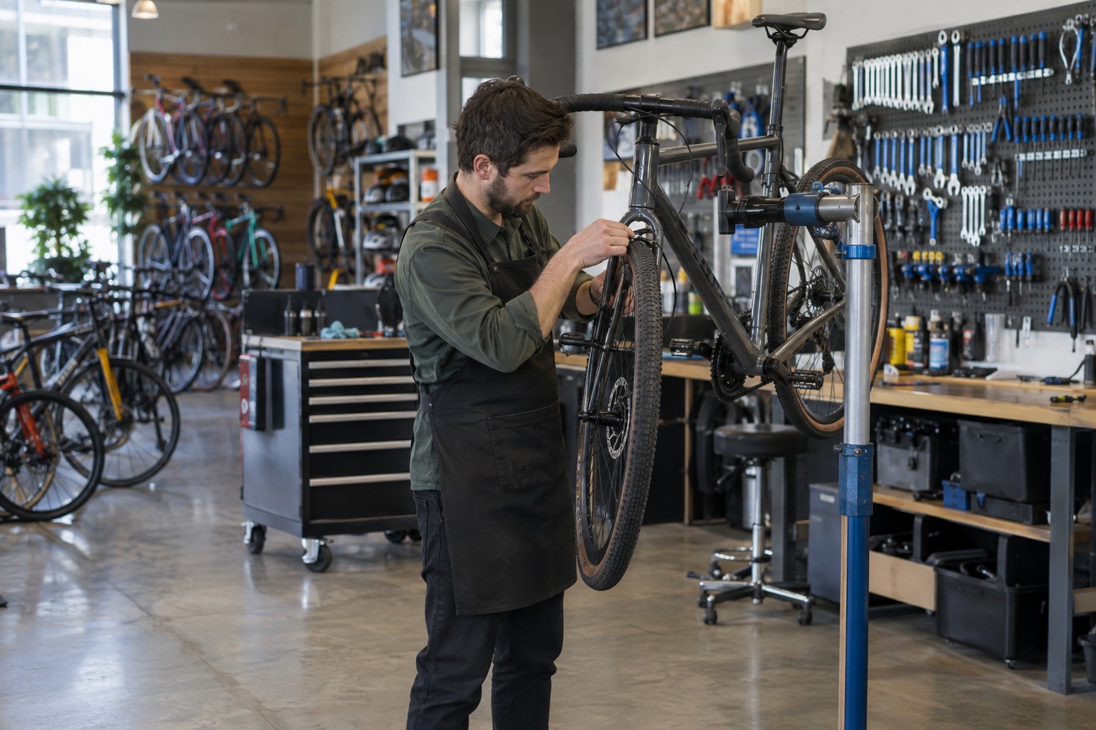 Bike shop mechanic adjusting the brakes on a bicycle mounted in a repair stand