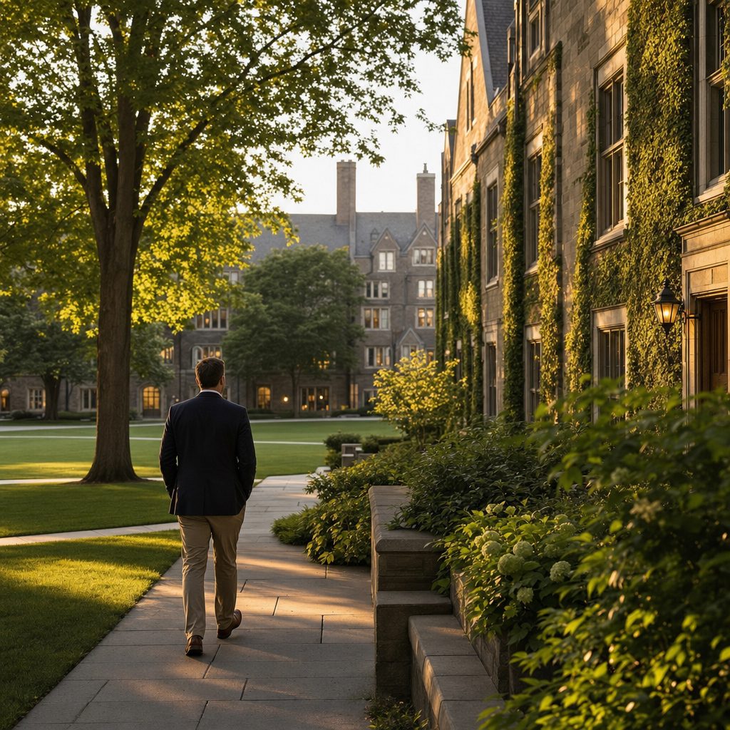 Residential boarding school campus quad and dormitory at golden hour, the type of school served by Allen Thomas Group boarding school insurance