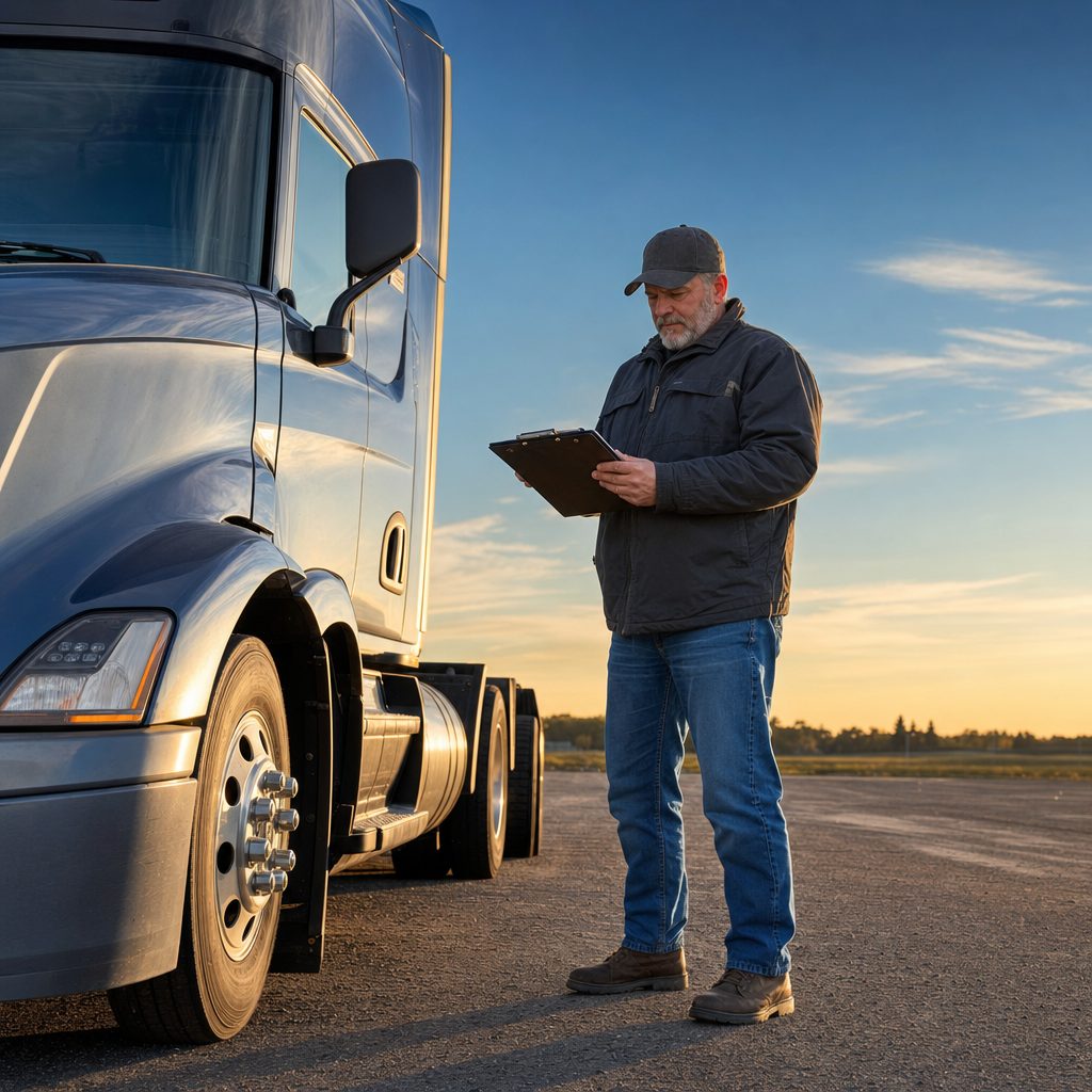 CDL truck driving school instructor reviewing a pre-trip inspection beside a tractor-trailer on a training lot