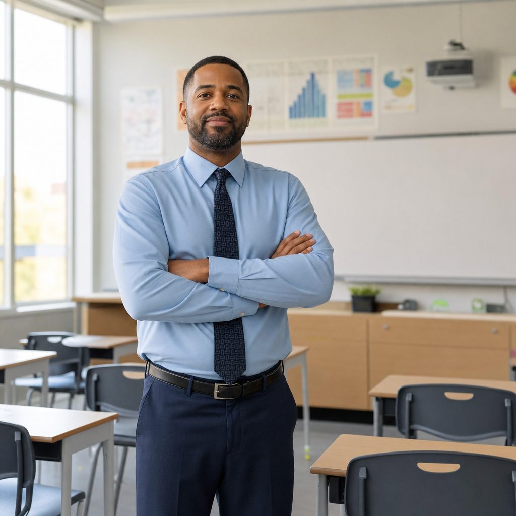 Charter school teacher standing in a bright modern classroom, illustrating charter school insurance