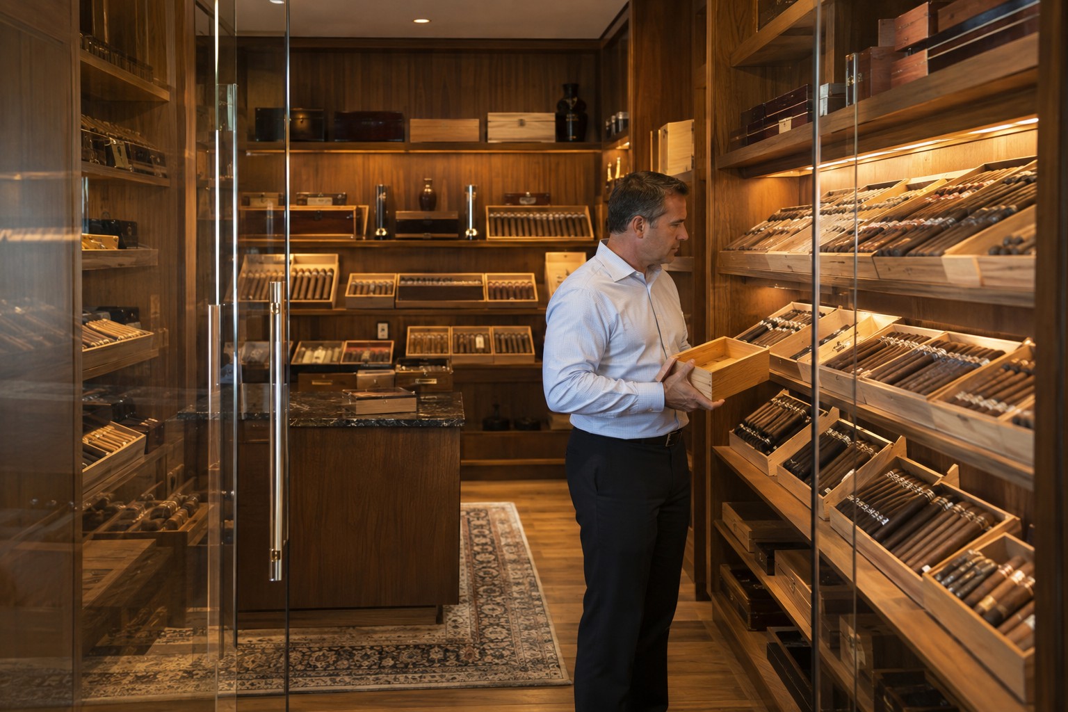 Cigar shop owner examining inventory inside a walk-in humidor