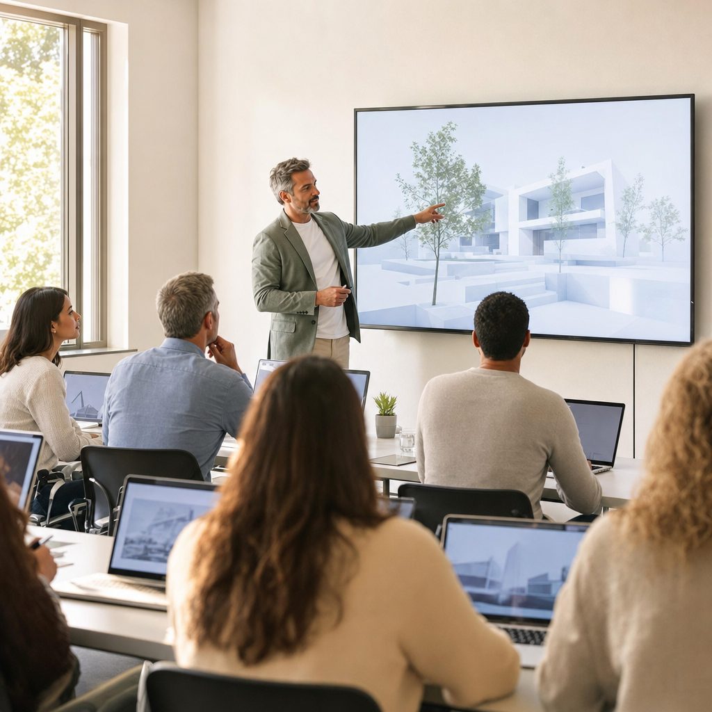 Instructor teaching adult students at laptops in a modern coding bootcamp classroom