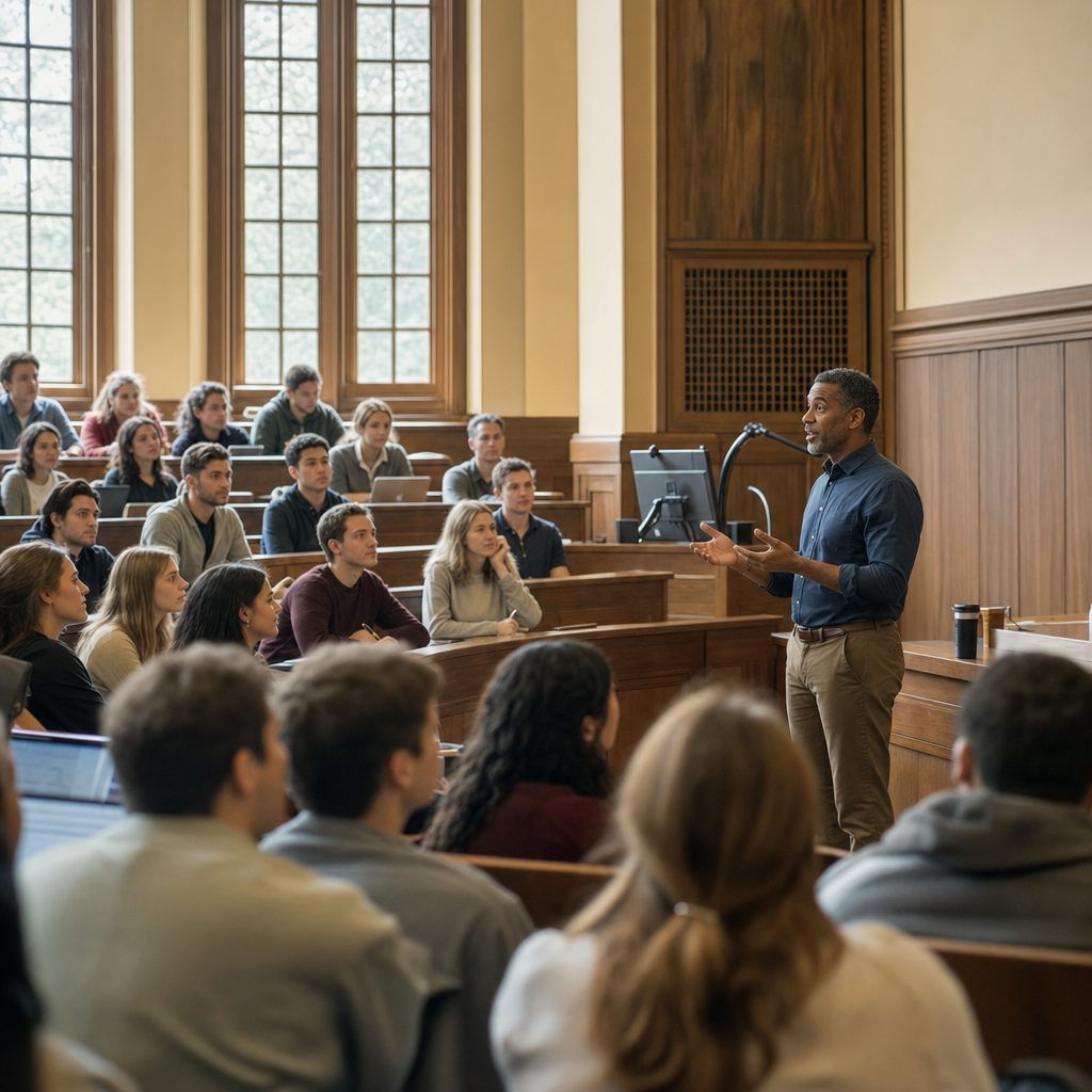 Professor teaching in a college and university lecture hall