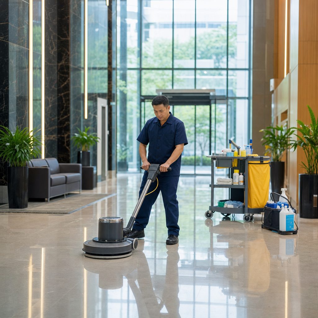 Commercial cleaning technician operating a floor buffer in an office building lobby