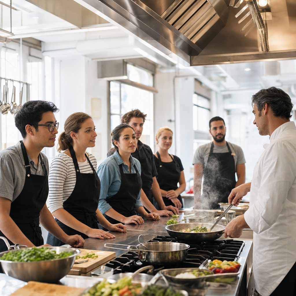 Chef instructor demonstrating cooking technique to students at stainless-steel stations in a culinary school teaching kitchen