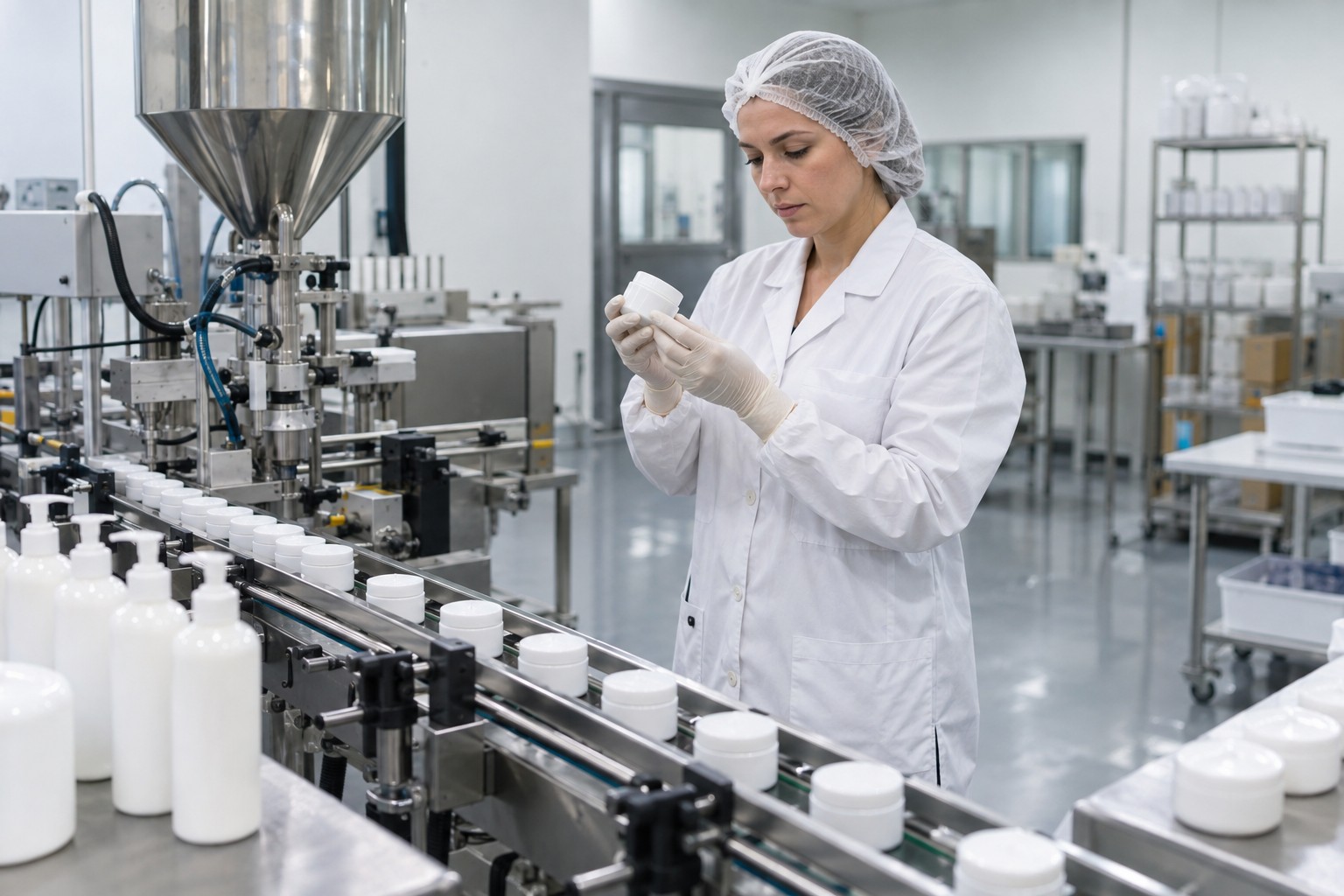 Cosmetics production technician inspecting a cream jar on a small-batch filling line