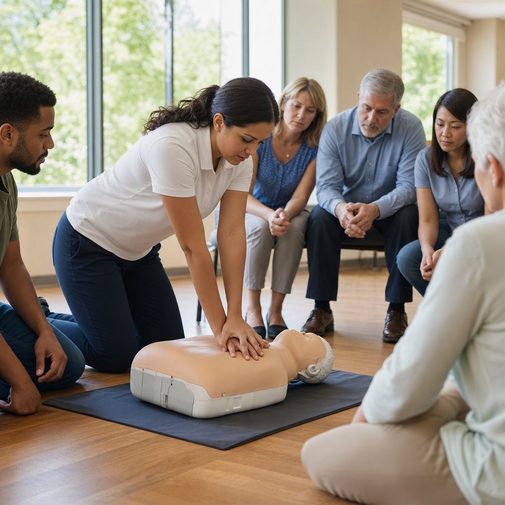 CPR instructor demonstrating chest compressions on a training manikin to a class of adult students at a CPR and first aid training center
