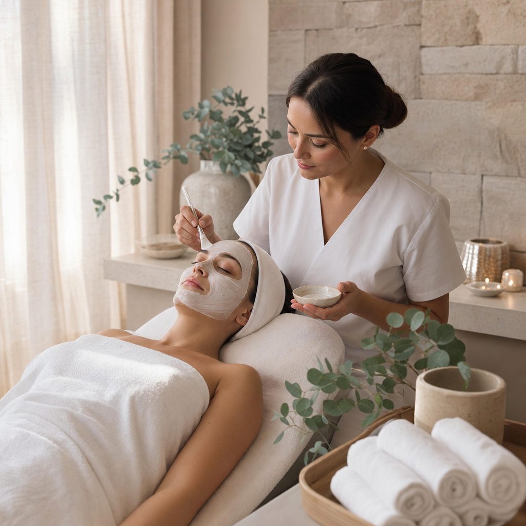 Esthetician giving a client a relaxing facial treatment at a cosmetic day spa