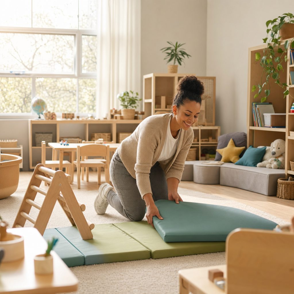 Early childhood educator preparing a bright, organized daycare and child care center classroom