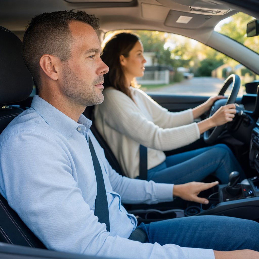 Driving school instructor coaching from the passenger seat of a dual-control training car during a behind-the-wheel lesson