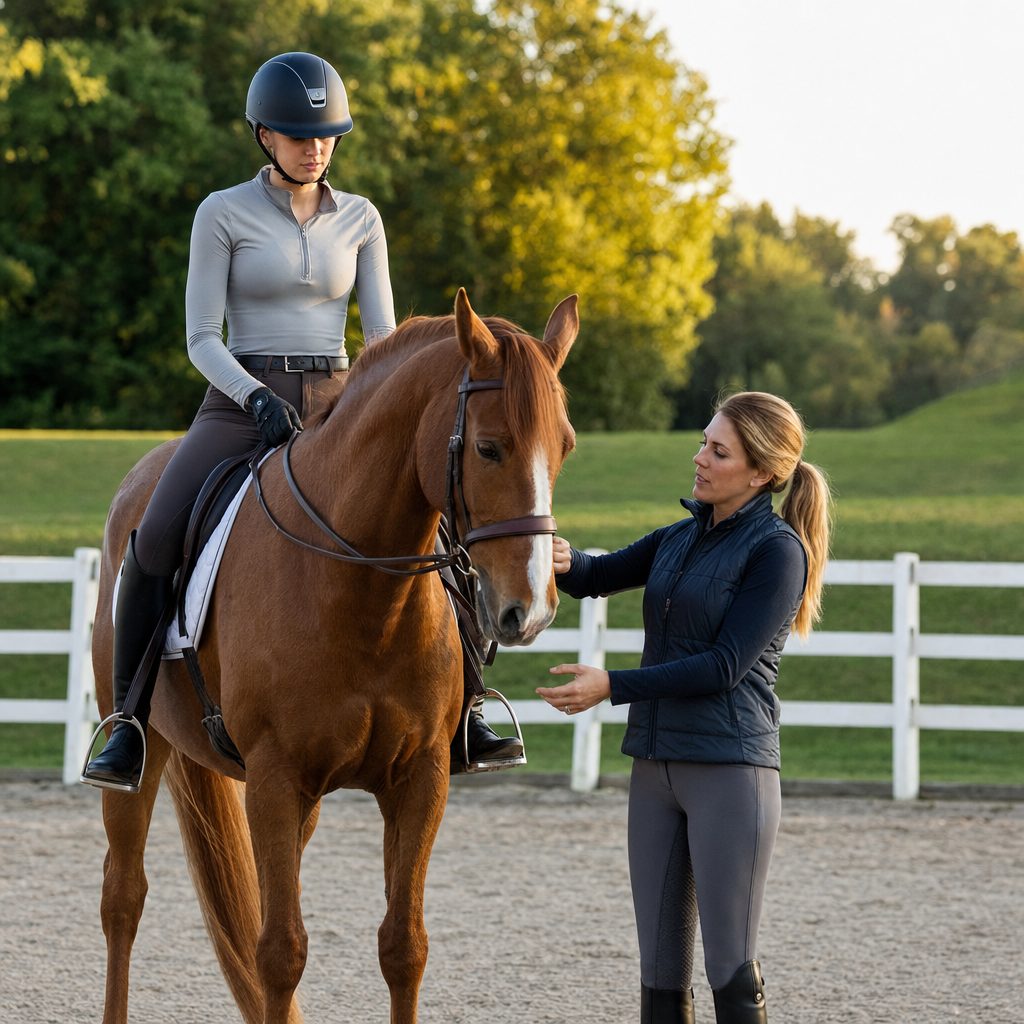 Riding instructor coaching a mounted student on a horse in an outdoor arena at an equestrian riding school