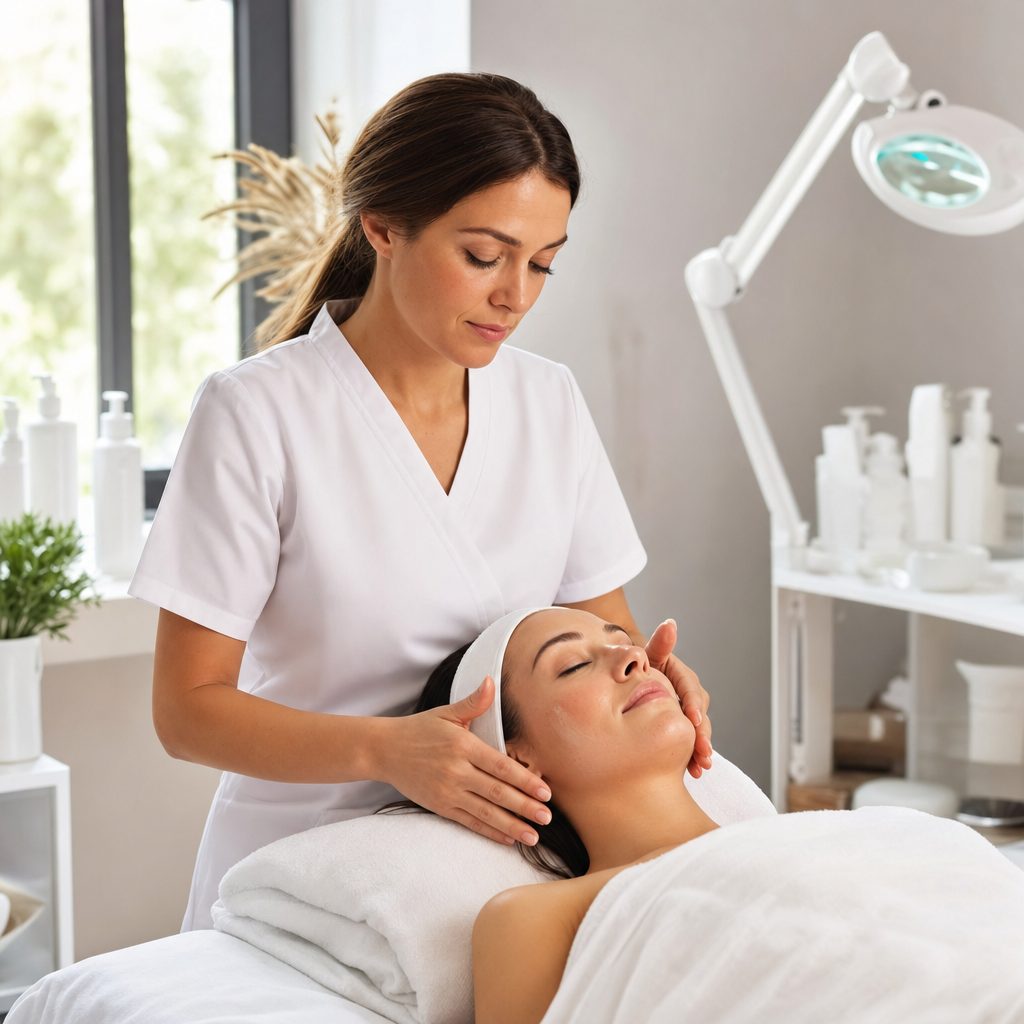 Licensed esthetician performing a facial treatment on a client in a skincare studio