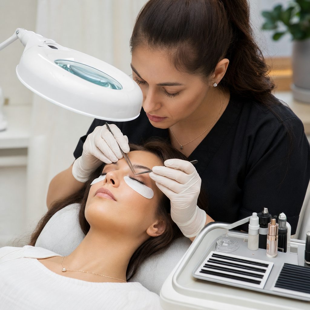 Lash artist applying individual eyelash extensions to a reclined client in a lash studio