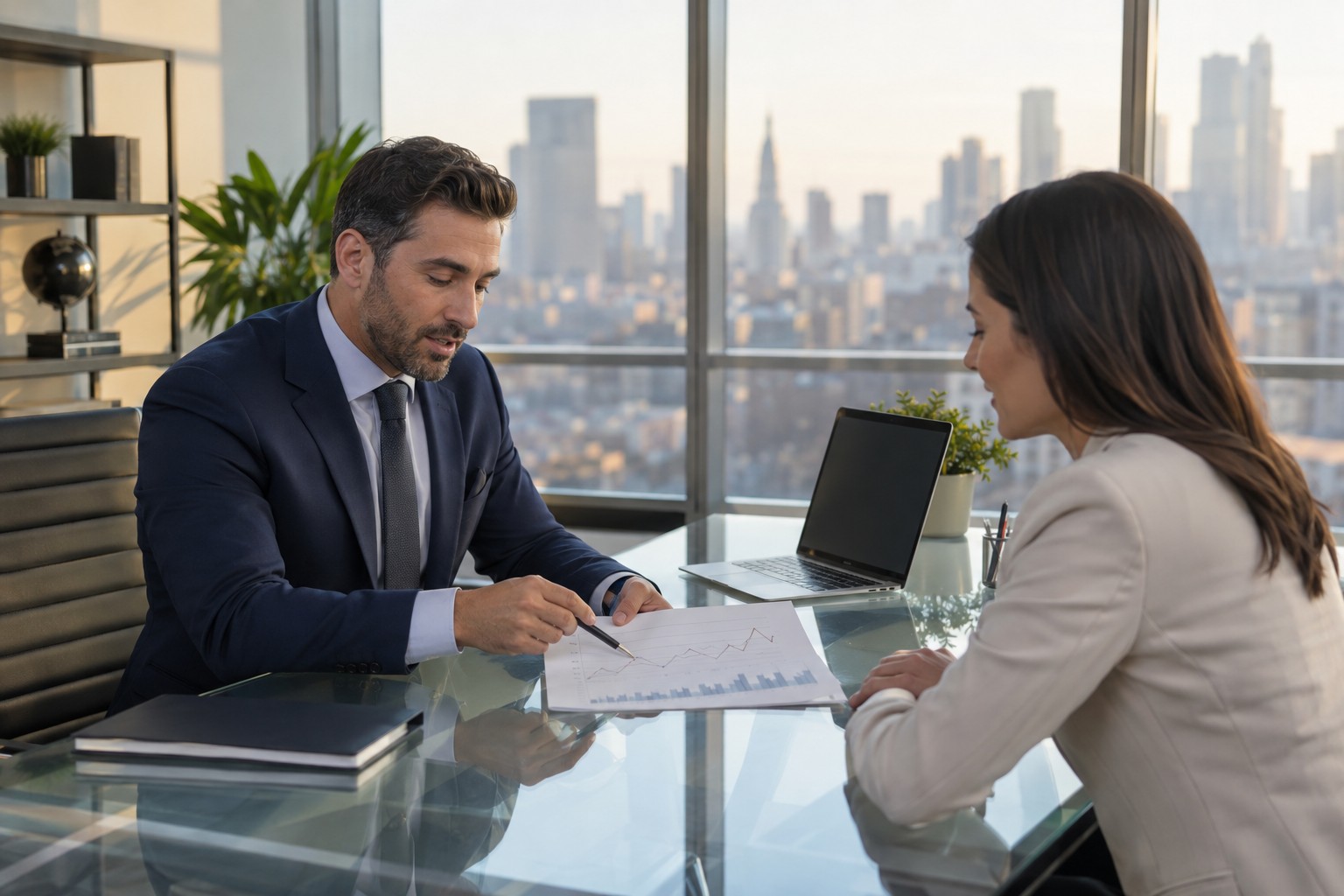 Financial advisor reviewing an investment chart with a client in a modern office