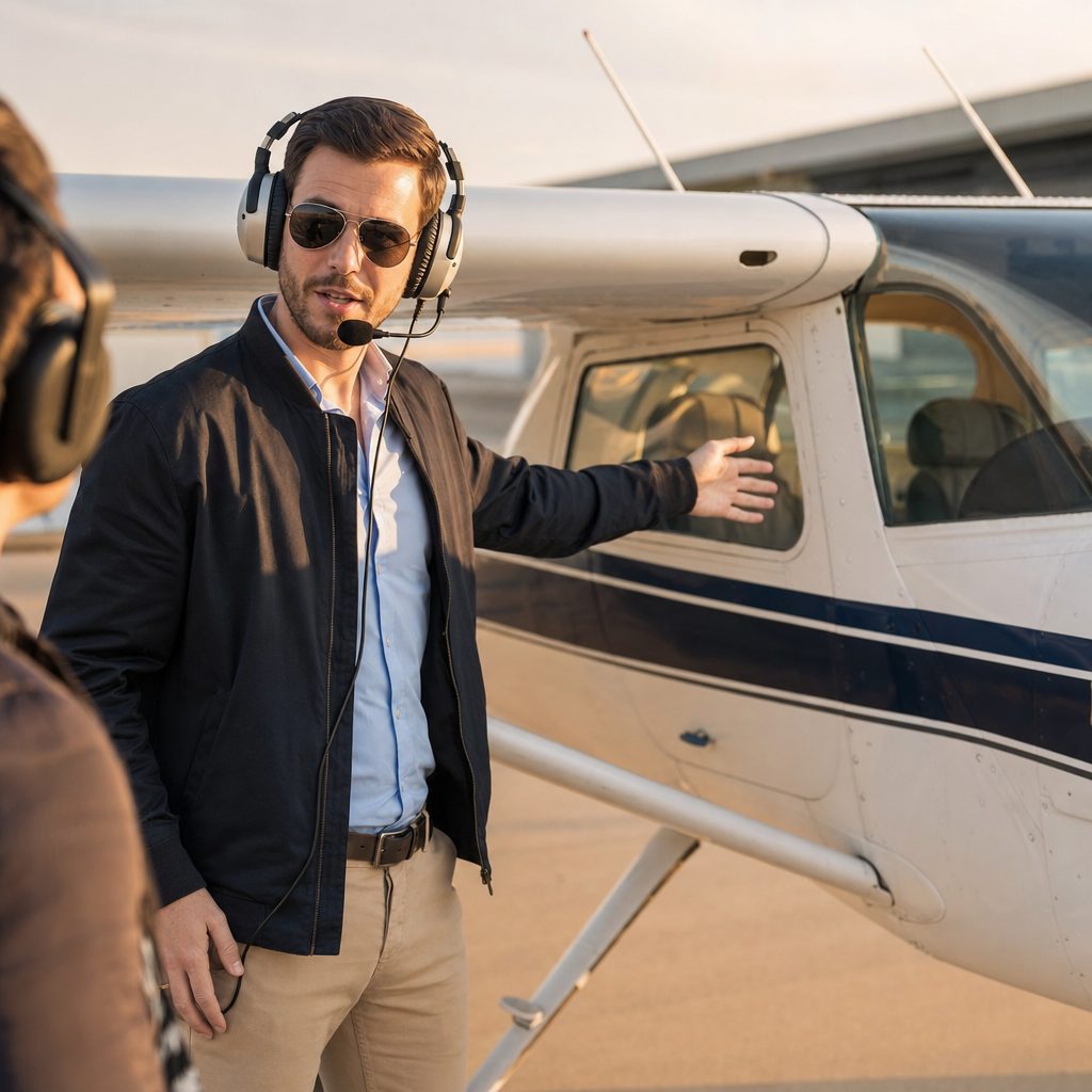 Certified flight instructor briefing beside a training aircraft at a flight school