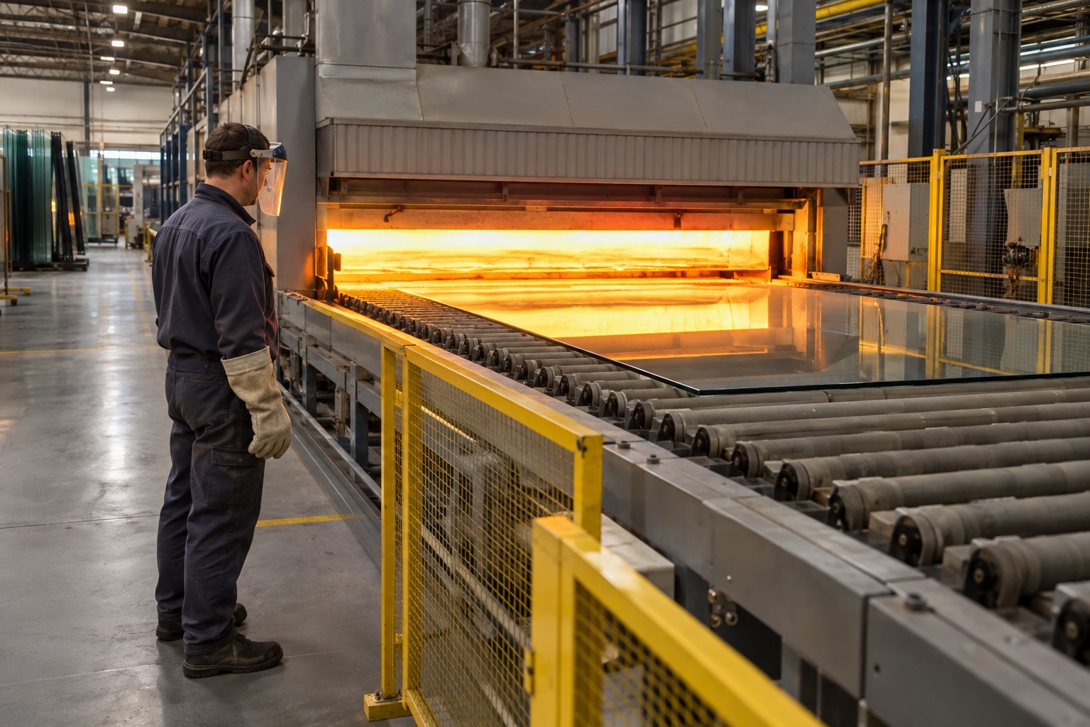 Glass manufacturing worker observing a sheet of flat glass moving through an industrial tempering furnace