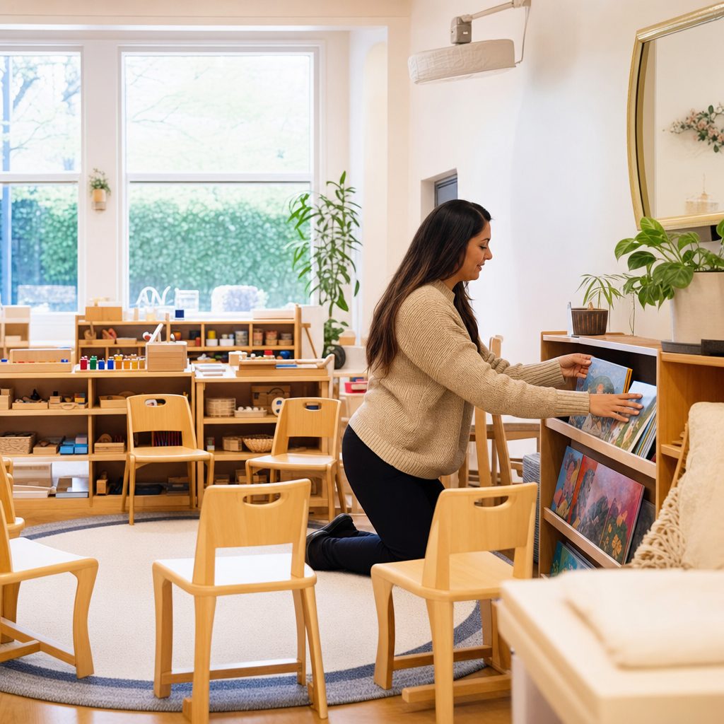 Adult teacher preparing a bright Head Start preschool classroom with learning materials and a reading corner