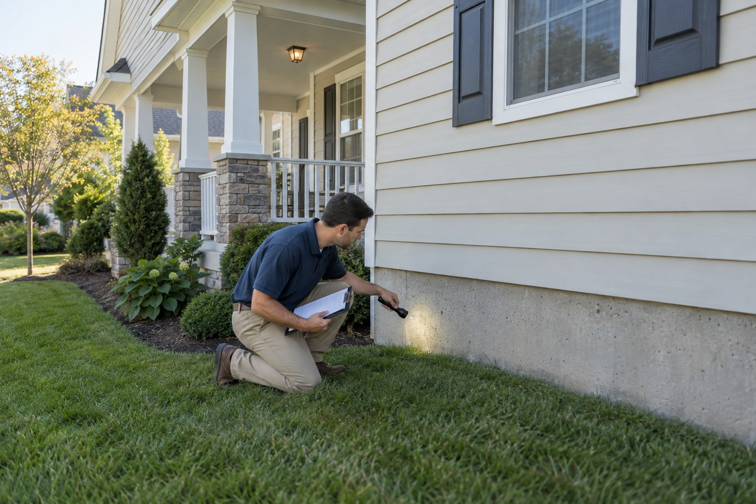 Home inspector examining a house foundation with a flashlight during a property inspection
