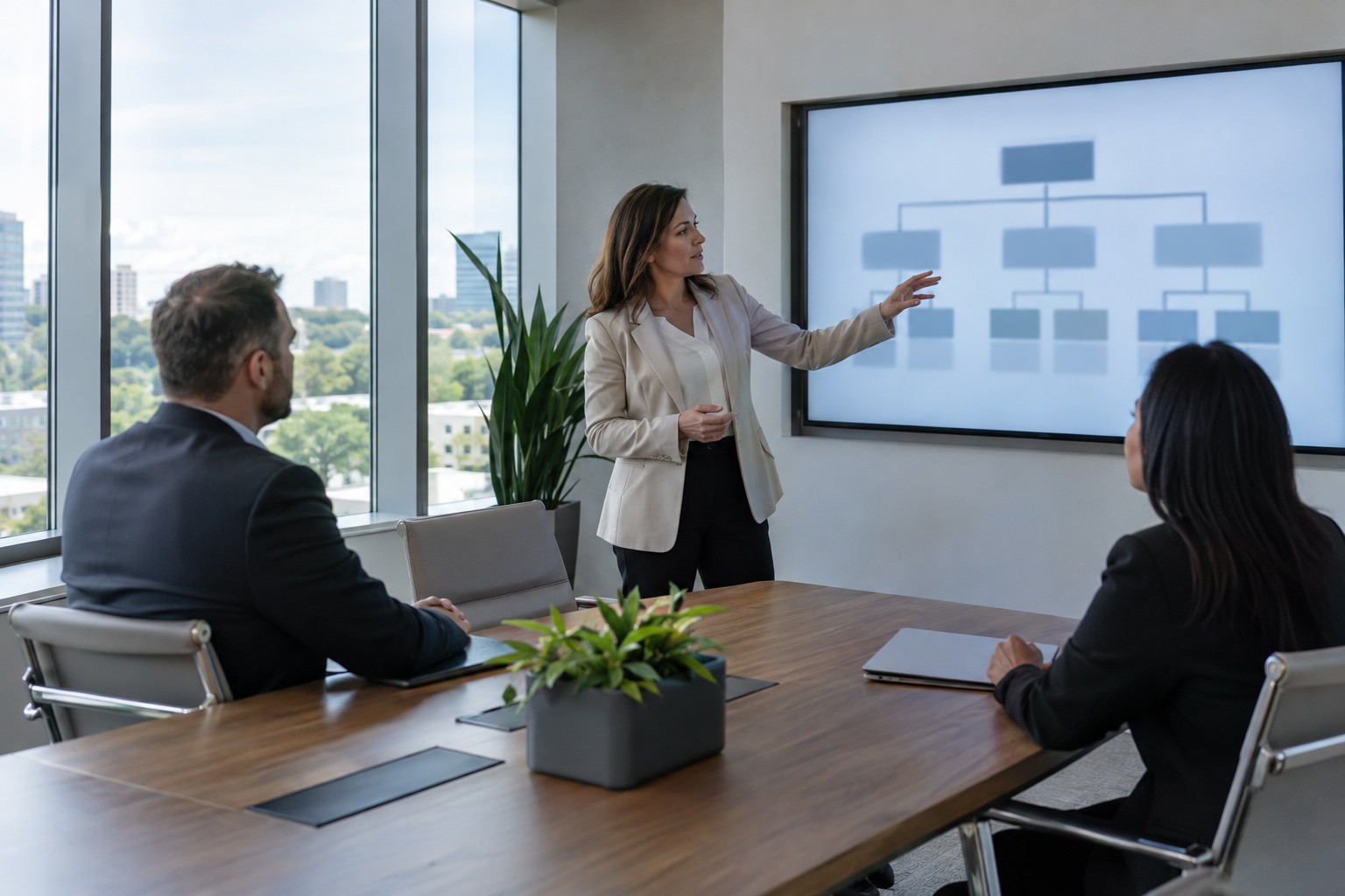 HR consultant presenting an organizational chart to colleagues in a conference room