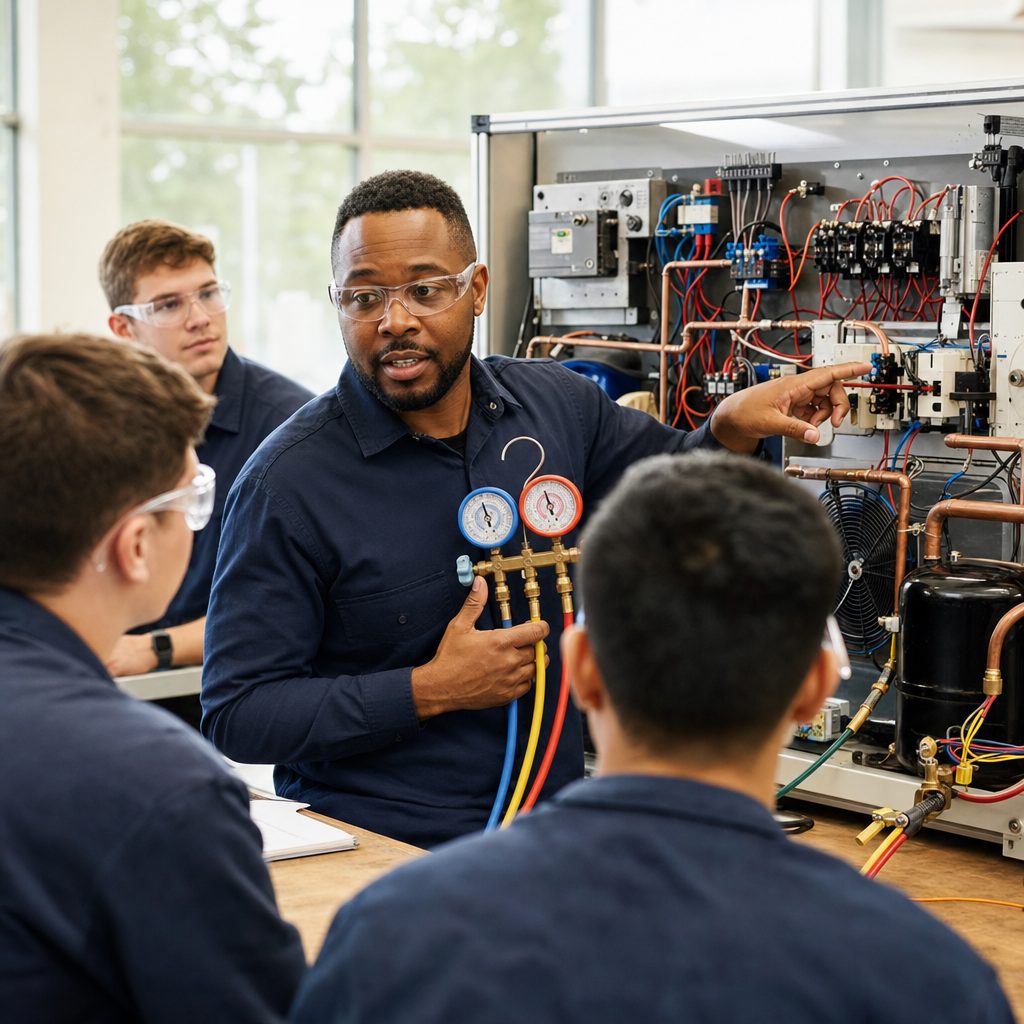 HVAC and electrical trade school instructor demonstrating an electrical training panel and refrigerant gauges in a vocational lab
