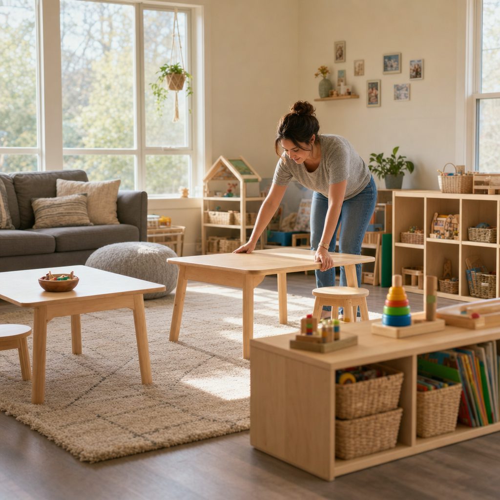 In-home daycare provider preparing a family child care home play area in a residential living room