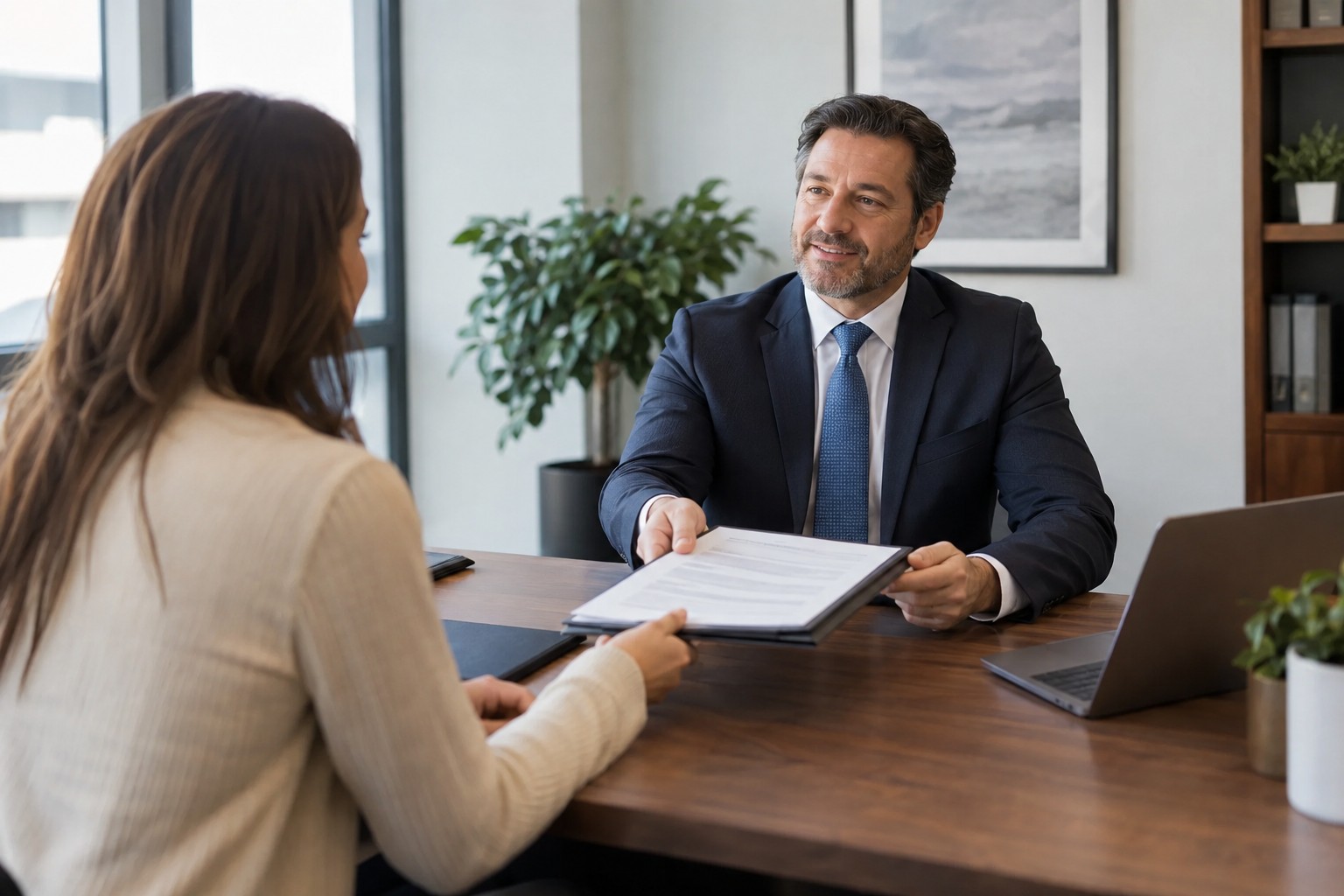 Insurance agent reviewing a policy document with a client in an office