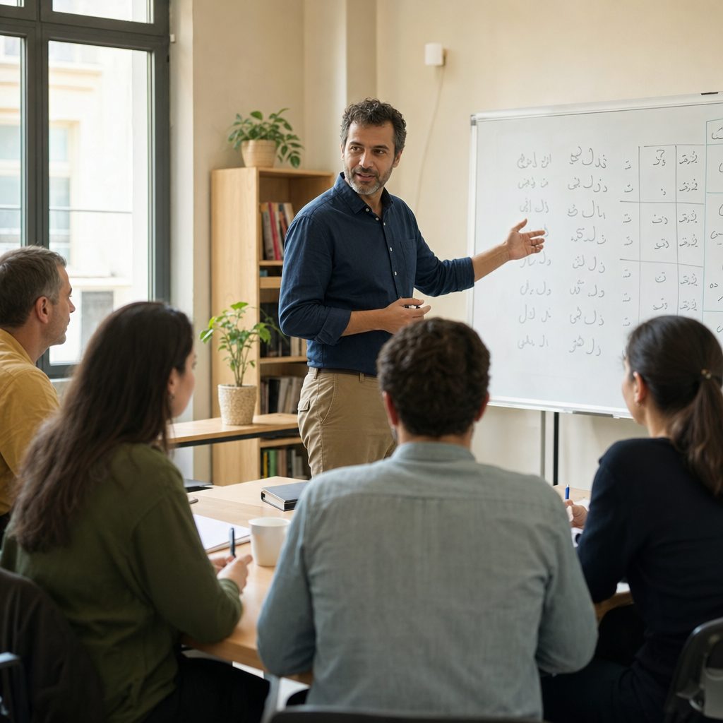 Adult instructor teaching a small ESL and foreign-language class beside a whiteboard at a language school