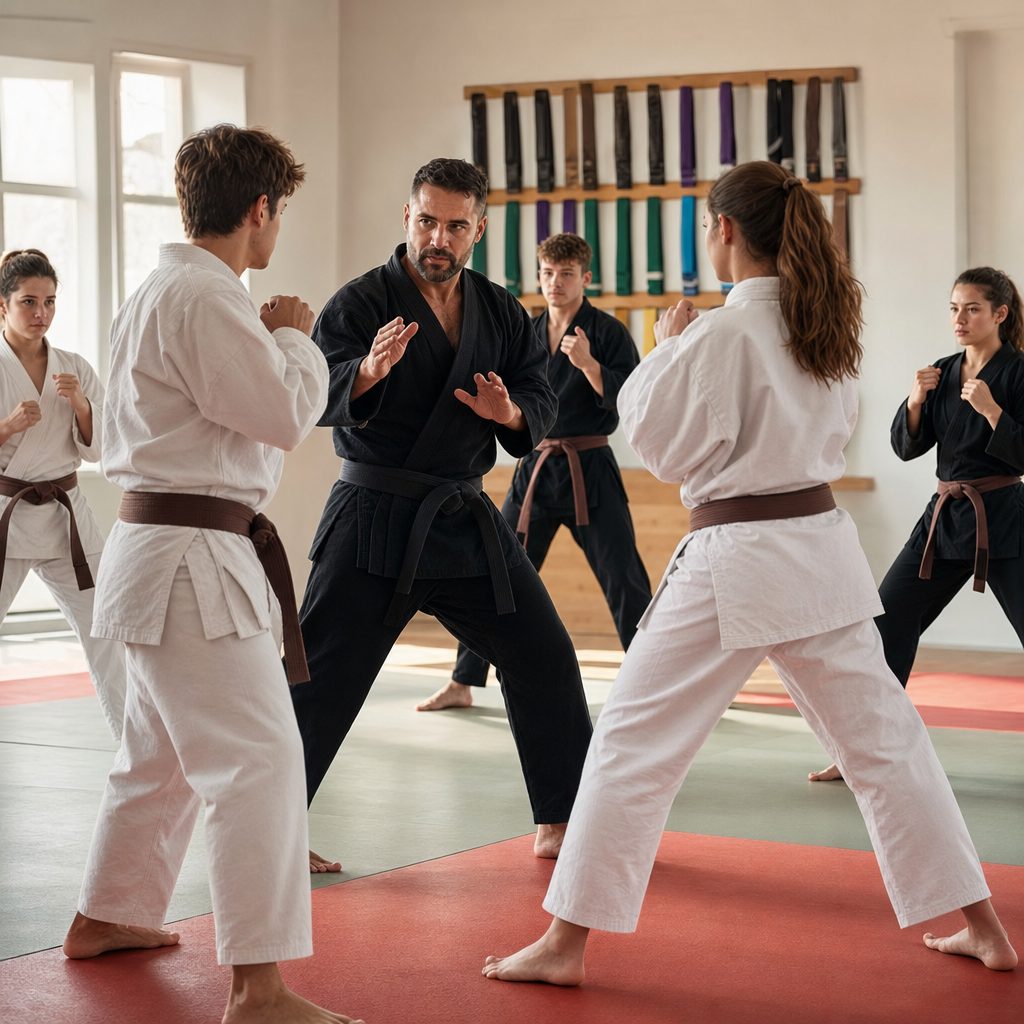 Martial arts instructor leading a sparring class of students in a dojo, the subject of martial arts school insurance