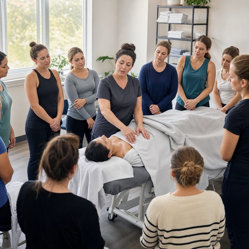 Instructor demonstrating massage technique on a draped client to adult students in a massage therapy school teaching clinic