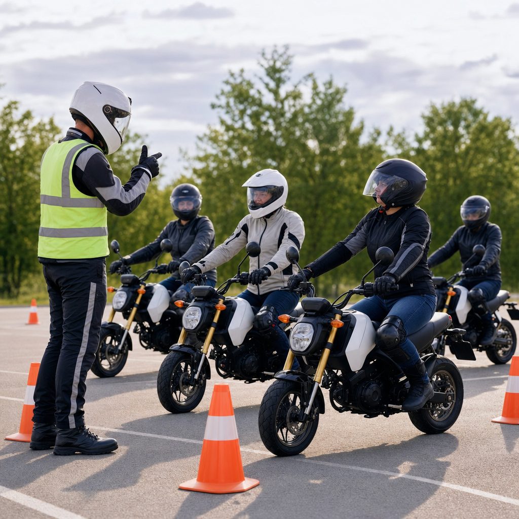 Motorcycle training school instructor coaching students on training motorcycles in a cone-marked parking-lot course
