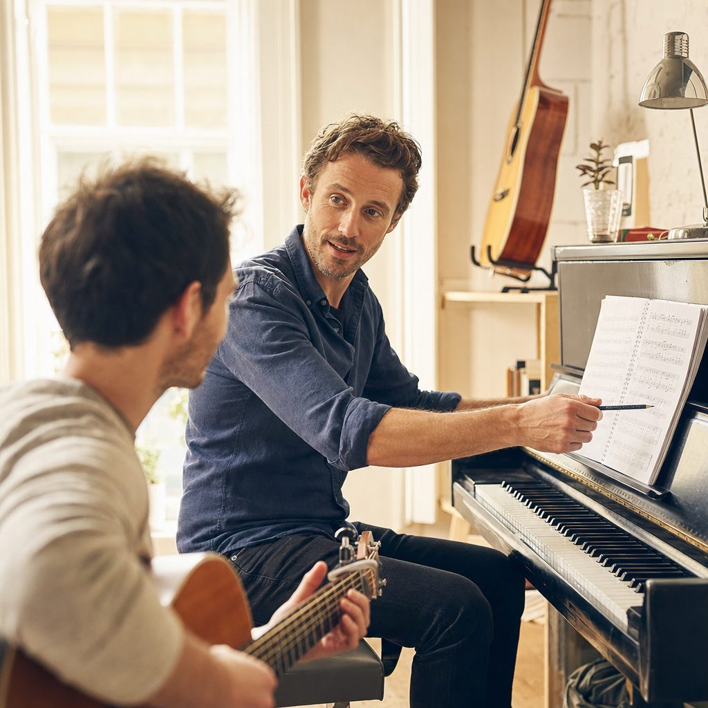 Adult music instructor teaching a lesson in a bright music school studio