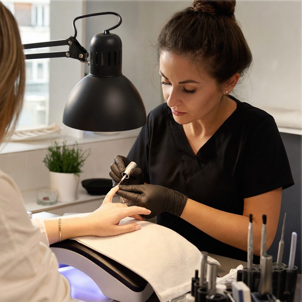 Licensed nail technician applying gel polish to a client at a modern nail salon