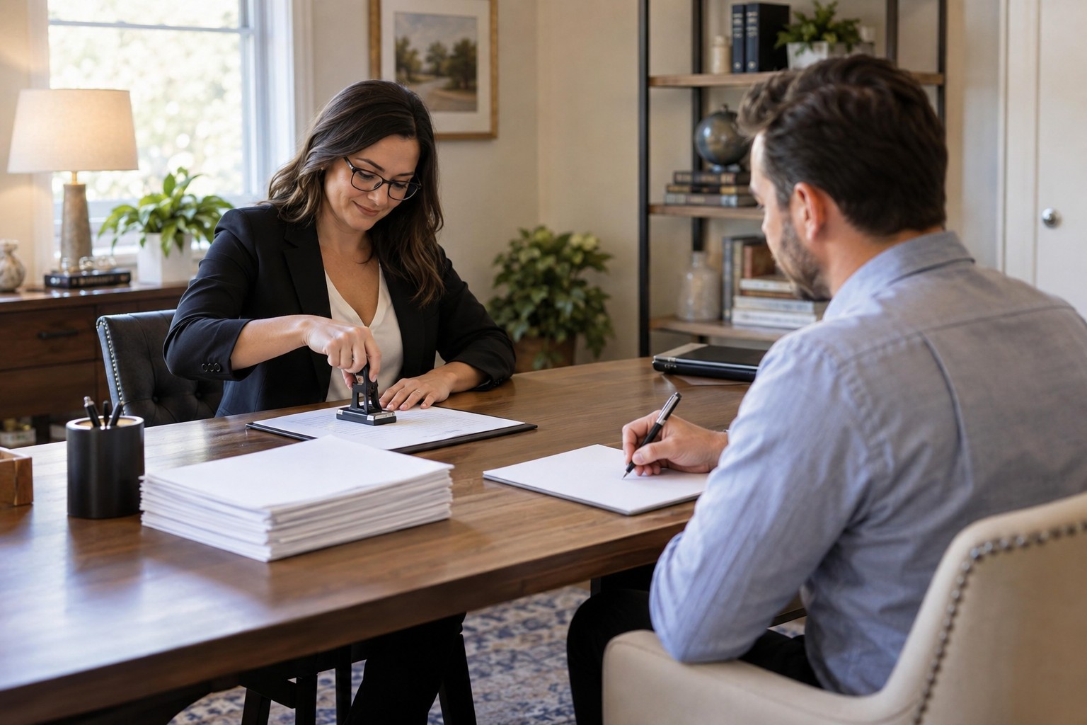 Notary public stamping a document with an embossing seal while a client signs paperwork