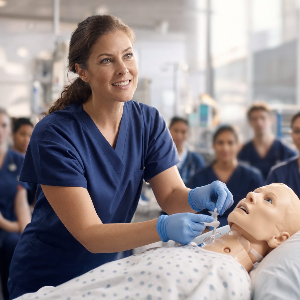 Nursing school instructor teaching a clinical skill on a patient simulation manikin in a training lab