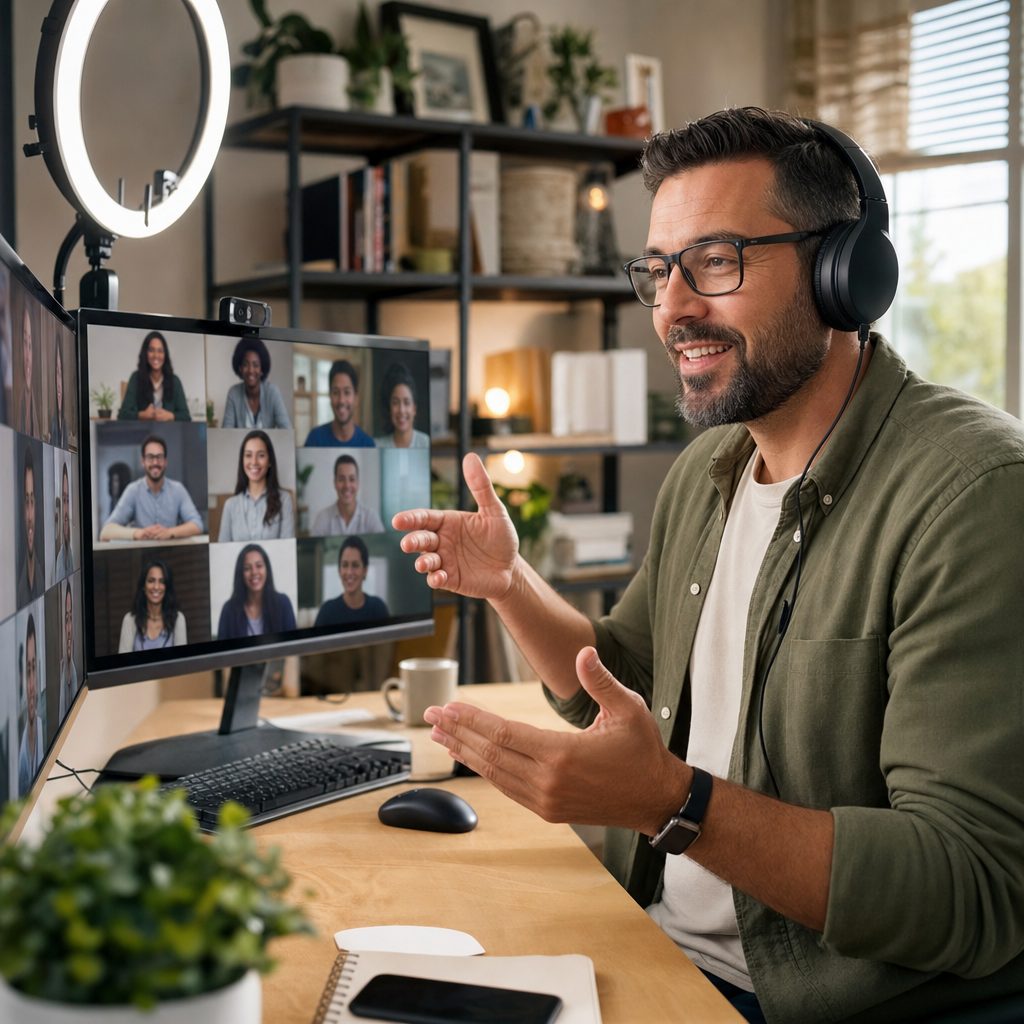 Online and virtual school instructor teaching a live remote class from a home studio with dual monitors and a webcam