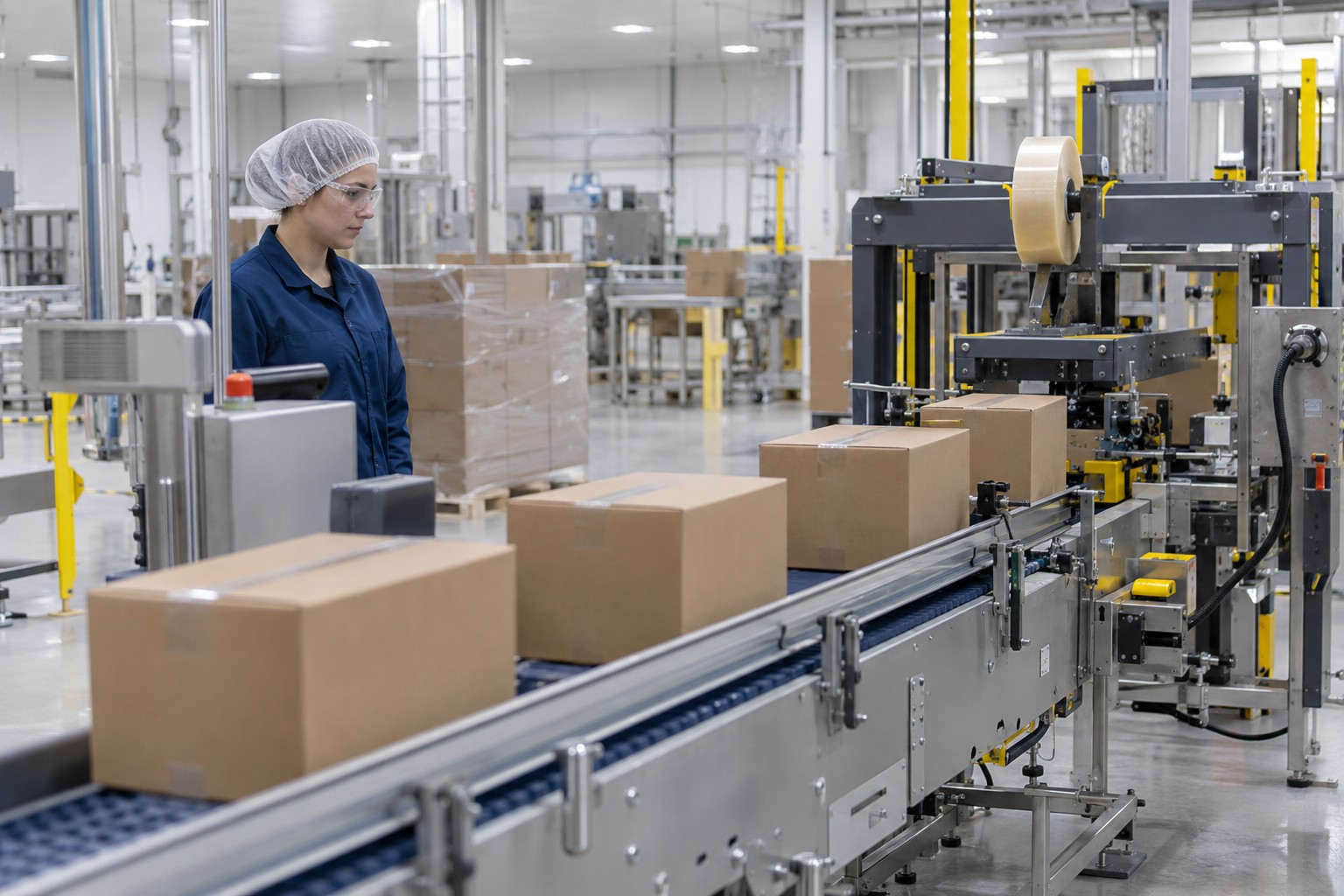 Packaging line operator monitoring an automated carton sealing line in a packaging facility