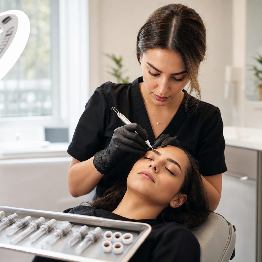 Permanent makeup artist microblading a client's eyebrows in a professional PMU studio