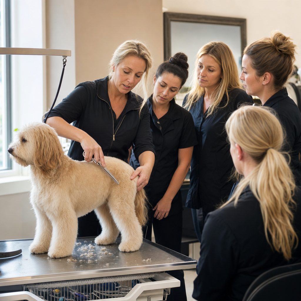 Grooming instructor demonstrating on a dog at a grooming table to students at a pet grooming school