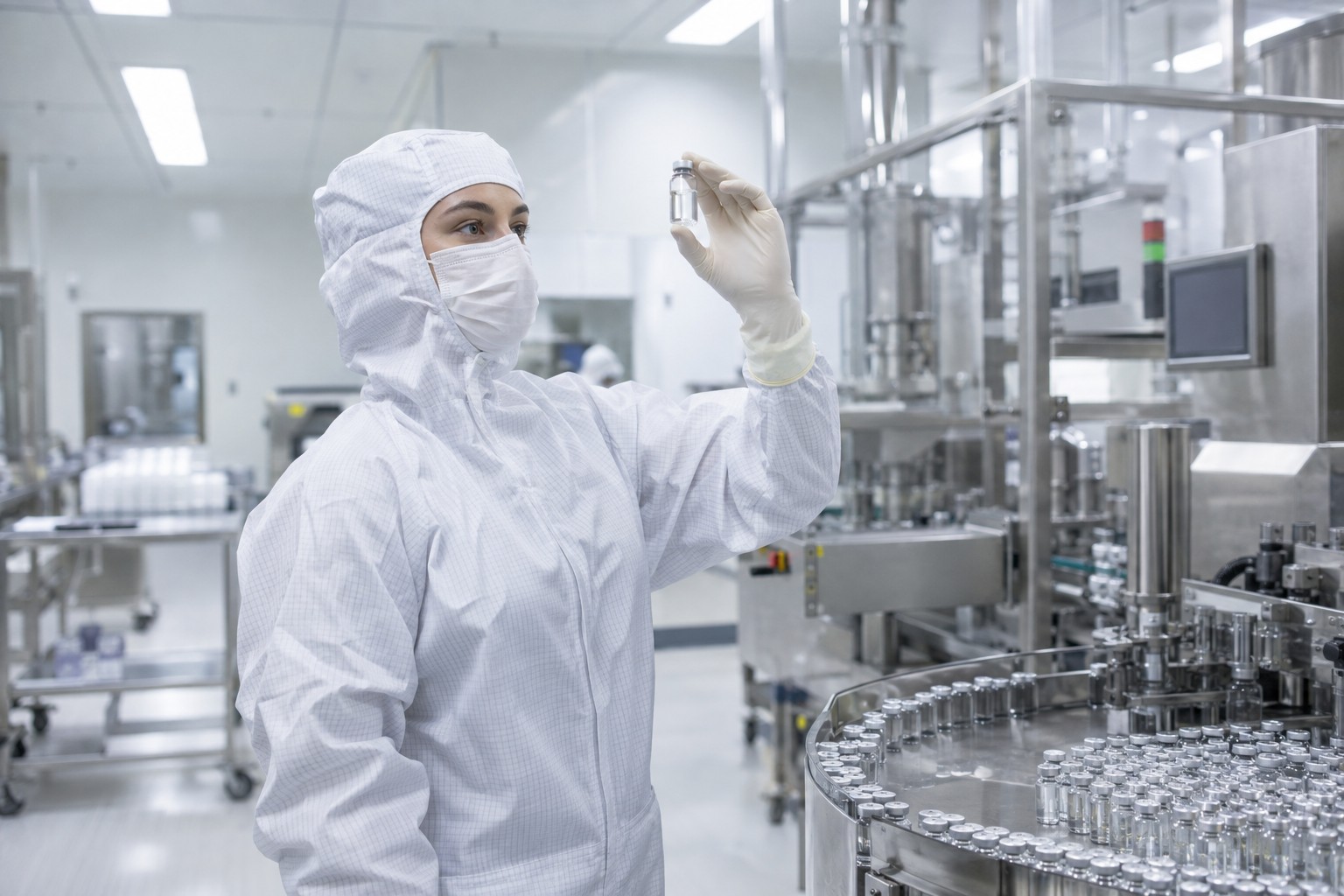 Pharmaceutical quality control technician inspecting a glass vial in a sterile cleanroom