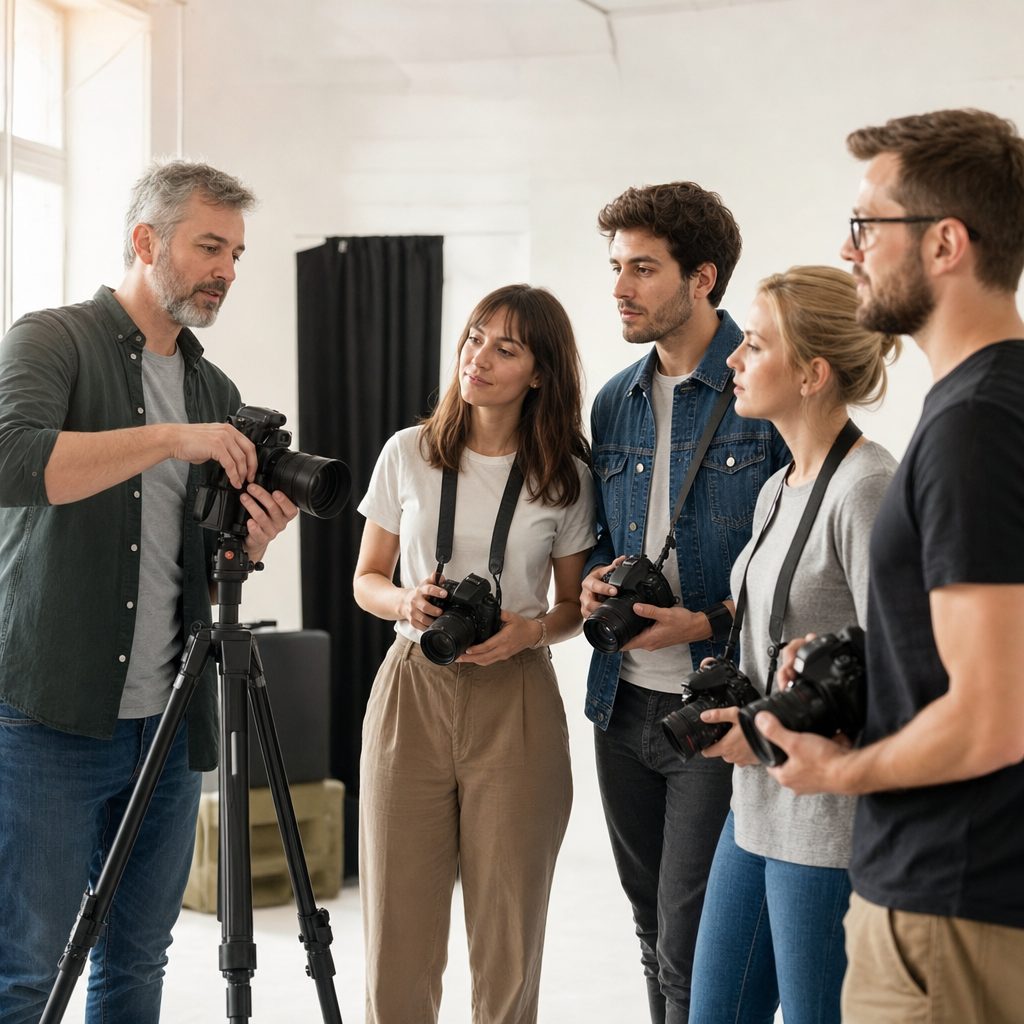 Photography school instructor teaching adult students with cameras during a hands-on workshop